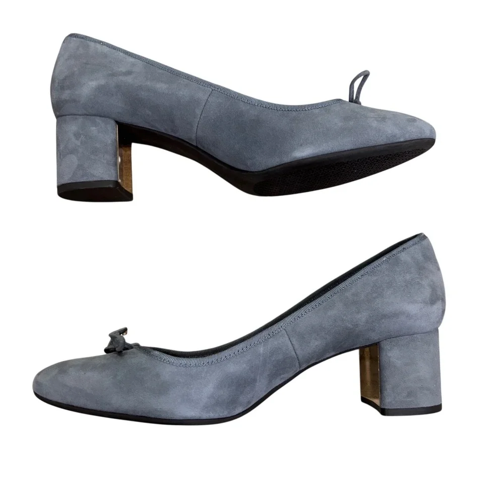 Tory Burch Laila Driver Pumps Gray Suede Gold Logo Block‎ Heel Round Toe sz 11